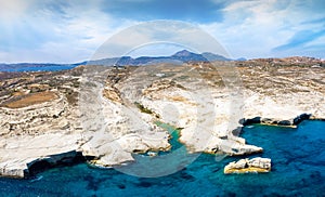 Aerial panorama of the Sarakiniko beach and landscape on the island of Milos, Greece