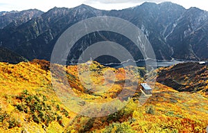 Aerial panorama of a scenic cable car flying over the beautiful autumn valley in Tateyama Kurobe Alpine Route