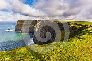 Aerial panorama of the scenic Cliffs of Moher in Ireland