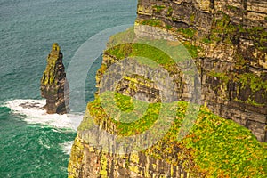 Aerial panorama of the scenic Cliffs of Moher in Ireland