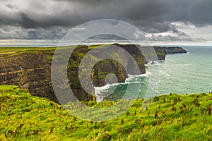 Aerial panorama of the scenic Cliffs of Moher in Ireland