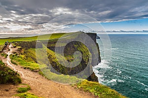 Aerial panorama of the scenic Cliffs of Moher in Ireland