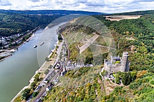 Aerial Panorama shot of the Castle Maus, Germany Rhine River Valley