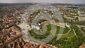 AERIAL. Panorama shot of old town in capital of Lithuania, Vilnius