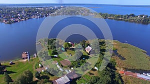 Aerial Panorama Of Small Inhabited Island On Beautiful Lake Seliger, Russia