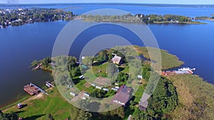 Aerial Panorama of Small Inhabited Island on Beautiful Lake Seliger, Russia