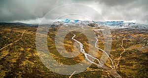 Aerial panorama of Snowy River and mountains at Kosciuszko National Park, Australia