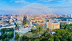 Aerial panorama of St. Michael Golden-Domed Monastery, Ministry of Foreign Affairs and Saint Sophia Cathedral in Kiev