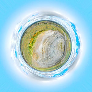 Aerial panorama of stone quarry in rainforest.