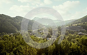 Aerial panorama of Szczawnica town and Pieniny mountains