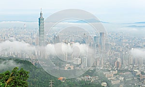 Aerial panorama of Taipei, the capital city of Taiwan, on a foggy morning