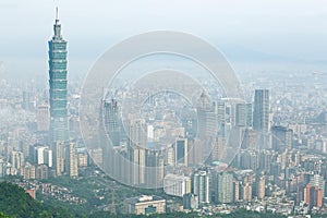 Aerial panorama of Taipei, the capital city of Taiwan, on a foggy morning