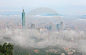 Aerial panorama of Taipei, the capital city of Taiwan, on a foggy morning