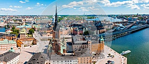 Aerial panorama on the tower City Hall to Gamla Stan old town in Stockholm