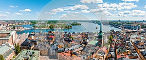 Aerial panorama on the tower City Hall to Gamla Stan old town in Stockholm