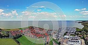 Aerial panorama from the traditional city Hindeloopen at the IJsselmeer in the Netherlands