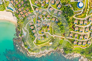 Aerial panorama of tropical resort territory and beach, beautiful Andaman sea at west coast of Phuket Island. Kata Noi beach from