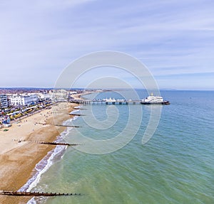 An aerial panorama view above the beach at Eastbourne, UK