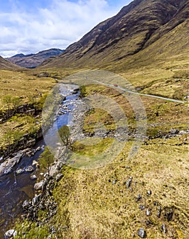 An aerial panorama view along the River Etive near to Glencoe, Scotland