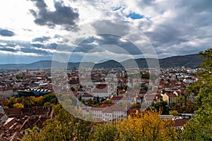 Aerial panorama view of Graz city old town Lend in west bank of Mur river with Kunsthaus and Mariahilfkirche