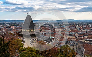 Aerial panorama view of Graz city old town from Schlossberg with Clock tower and city hall