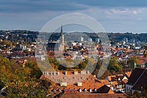 Aerial panorama view of Graz city old town from Schlossberg with Herz-Jesu-Kirche