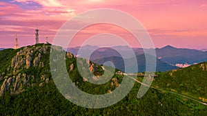 Aerial panorama view of Gyeryongsan mountain with sunset in Gohyeon city of South Korea.