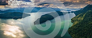 Aerial panorama view of the Harrison Lake and the Long Island, Kent, British Columbia, Canada