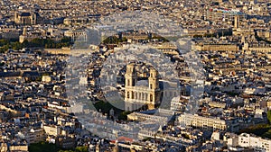 Aerial panorama view of historic city center of Paris, France with popular cathedral Saint-Sulpice and Centre Pompidou.