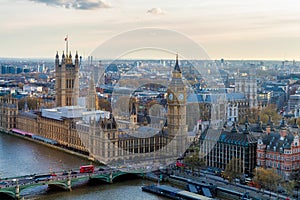 Aerial panorama view on London. View towards Houses of Parliament, London Eye and Westminster Bridge on Thames River.