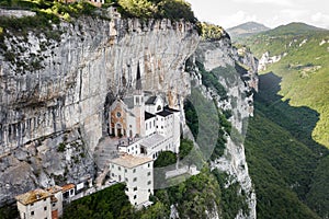 Aerial Panorama View of Madonna della Corona Sanctuary, Italy. The Church Built in the Rock