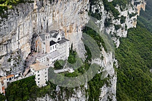 Aerial Panorama View of Madonna della Corona Sanctuary, Italy. The Church Built in the Rock