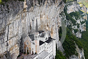 Aerial Panorama View of Madonna della Corona Sanctuary, Italy. The Church Built in the Rock.