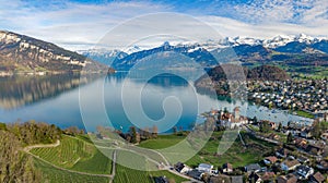 Aerial panorama view of the medieaval castle Spiez on the Thun Lake photo