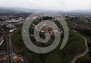 Aerial panorama view of medieval old historic city wall castle fortress Fortaleza de Valenca do Minho Portugal Europe