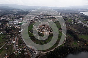 Aerial panorama view of medieval old historic city wall castle fortress Fortaleza de Valenca do Minho Portugal Europe