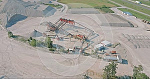 Aerial panorama view of open quarries mining mine extracting with work of machinery equipment