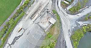 Aerial panorama view of open quarries mining mine extracting with work of machinery equipment