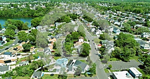 Aerial panorama view of the residential Sayreville town area of beautiful suburb of dwelling home near lake from a
