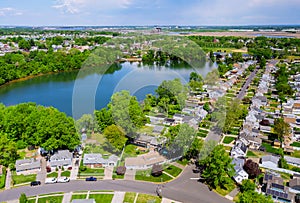 Aerial panorama view of the residential Sayreville town area of beautiful suburb of dwelling home near lake from a