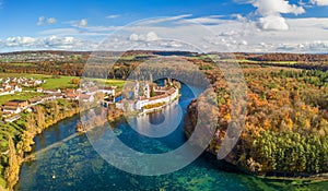 Aerial panorama view of the Rheinau Abbey Islet on Rhine river photo