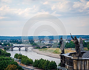 Aerial panorama view of river Elbe, MarienbrÃ¼cke and Dresden Neustadt during summer in Germany