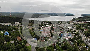 Aerial panorama view Russian Karelia, Lahdenpohja city. near Ladoga lake. Hills