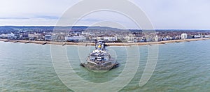 An aerial panorama view of the seafront at Eastbourne, UK
