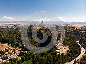 Aerial panorama view of Segovia old town historic city centre with Alcazar and Cathedral in Castile and Leon Spain