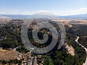 Aerial panorama view of Segovia old town historic city centre with Alcazar and Cathedral in Castile and Leon Spain