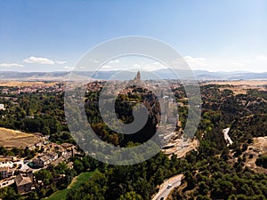 Aerial panorama view of Segovia old town historic city centre with Alcazar and Cathedral in Castile and Leon Spain