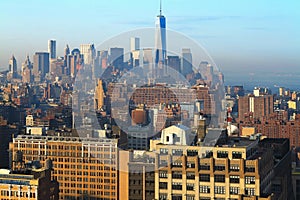 Aerial and panorama view of skyscrapers of New York City, Manhattan.