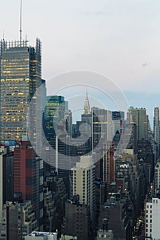 Aerial and panorama view of skyscrapers of New York City, Manhattan. Top view of night midtown of Manhattan