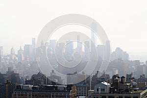 Aerial and panorama view of skyscrapers of New York City in the mist. Top view of midtown of Manhattan